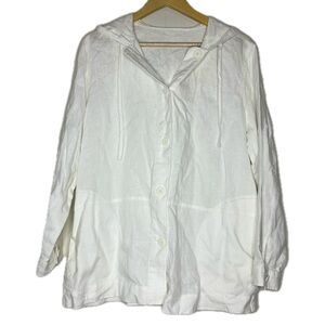 White Linen Hooded Jacket Shirt Cover Up Coastal Minimalist